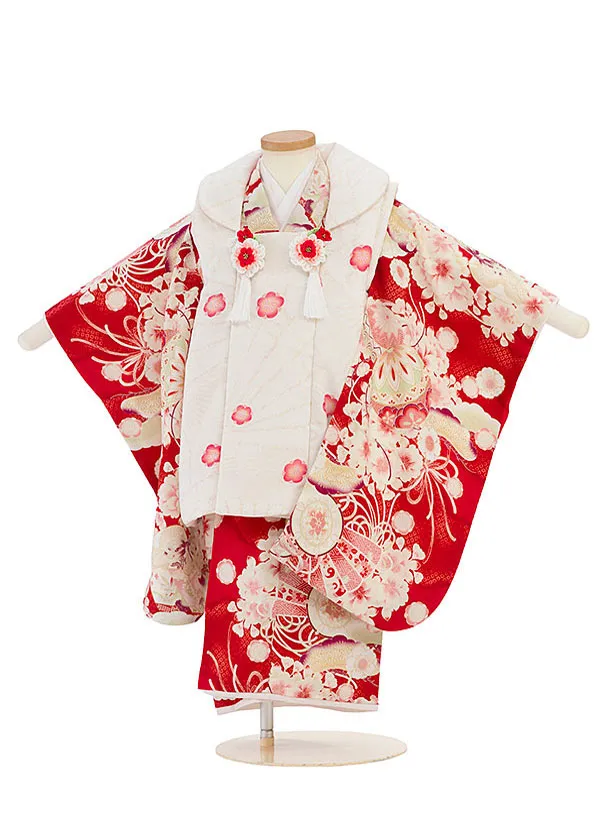 七五三レンタル(3歳女児被布)【華徒然】赤×桜　オフホワイト