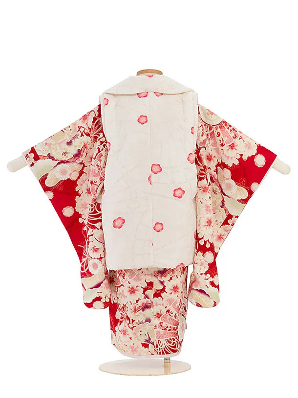 七五三レンタル(3歳女児被布)【華徒然】赤×桜　オフホワイト
