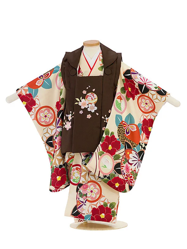 七五三レンタル(3歳女児被布)クリーム宝尽くし×鞠　茶