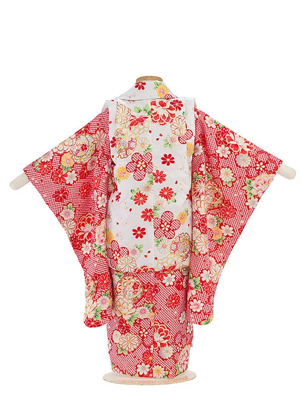 七五三レンタル(3歳女児被布)赤地に鹿の子柄と華×華　白