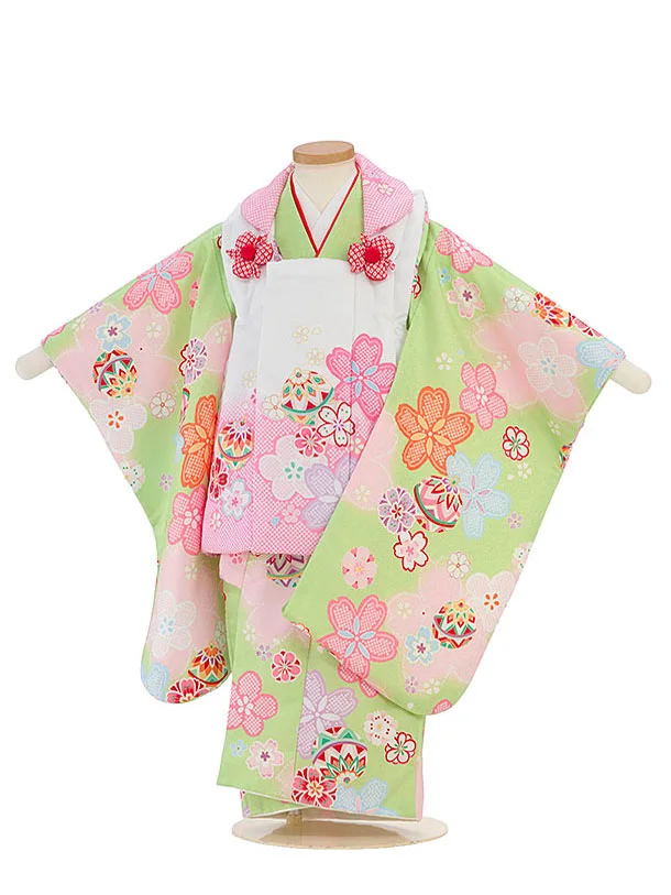 七五三レンタル(3歳女児被布)緑地に花×鹿の子柄に桜　ピンク