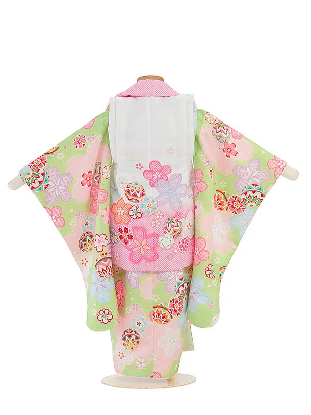 七五三レンタル(3歳女児被布)緑地に花×鹿の子柄に桜　ピンク