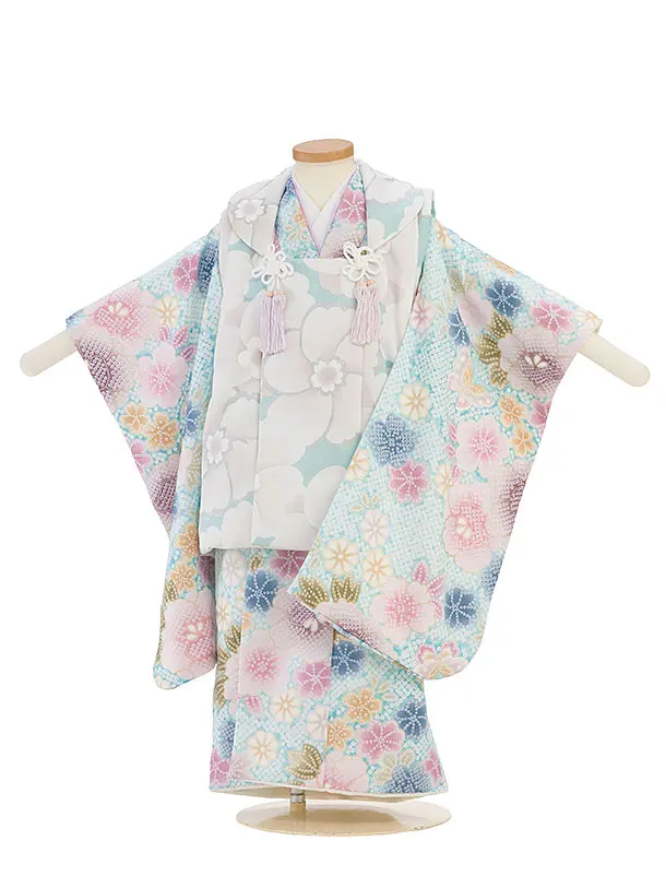 七五三レンタル(3歳女児被布)鹿の子柄ぼかし桜×花柄　水色