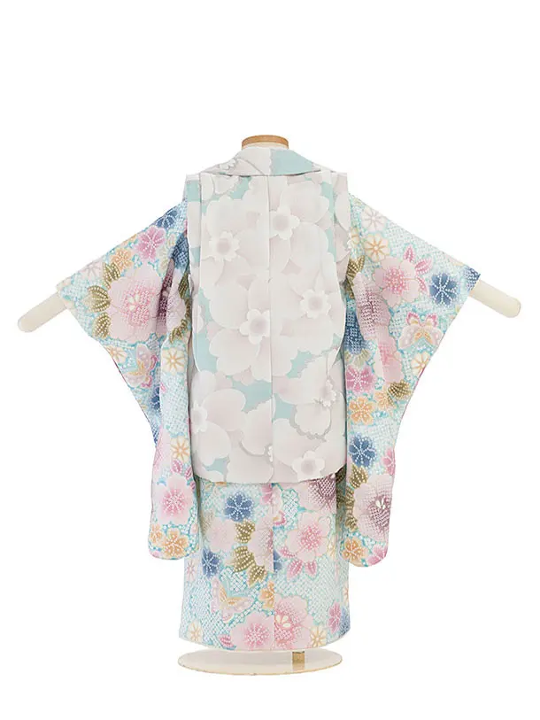 七五三レンタル(3歳女児被布)鹿の子柄ぼかし桜×花柄　水色