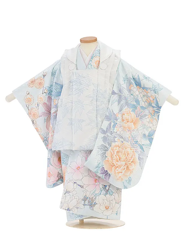七五三レンタル(3歳女児被布)豪華縁起華尽くし×水色モクレン　白