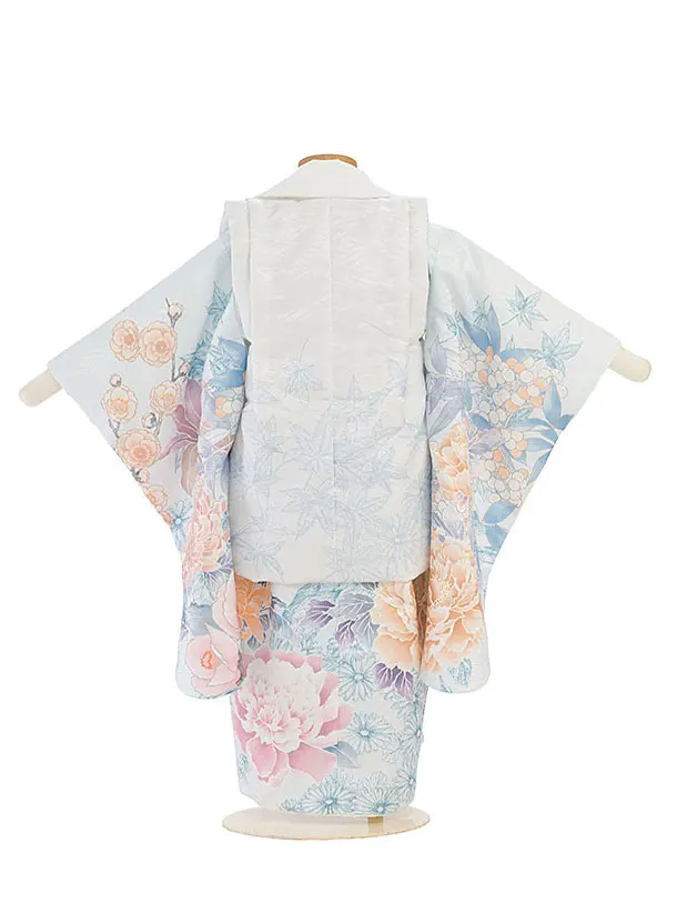 七五三レンタル(3歳女児被布)豪華縁起華尽くし×水色モクレン　白