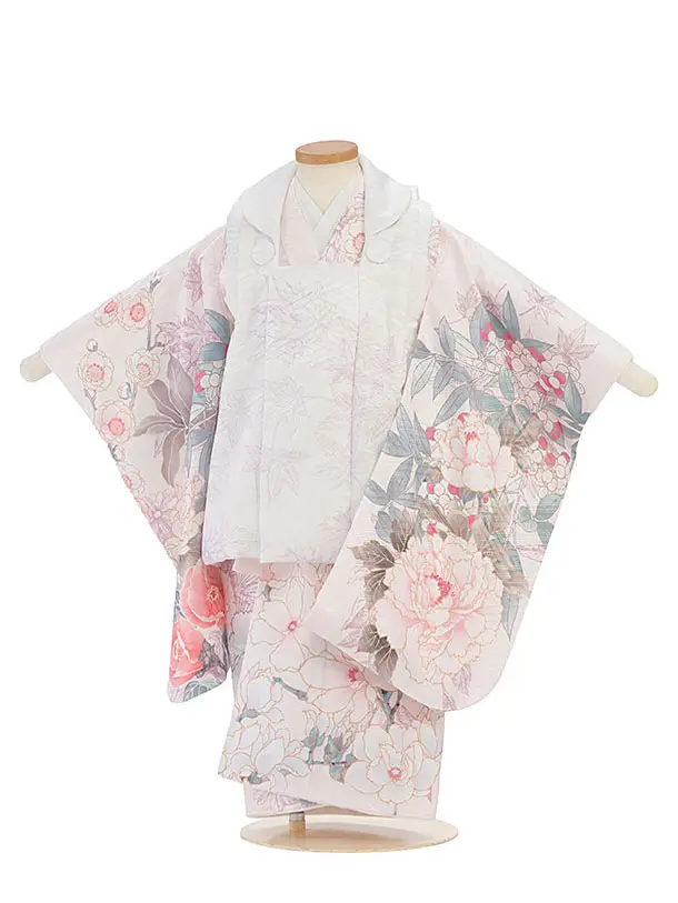 七五三レンタル(3歳女児被布)豪華縁起華尽くし×ピンクモクレン　白