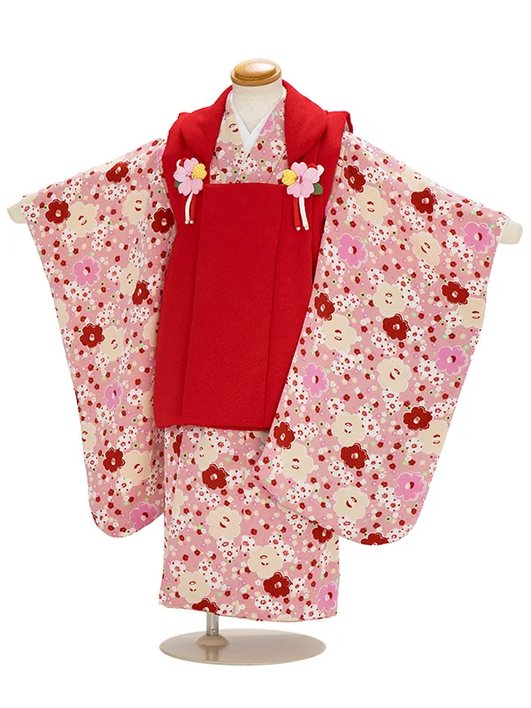 七五三レンタル(3歳女児被布)ちりめん　かわいい　花づくし　赤色