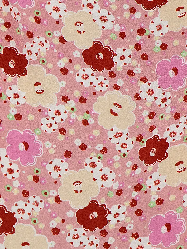 七五三レンタル(3歳女児被布)ちりめん　かわいい　花づくし　赤色