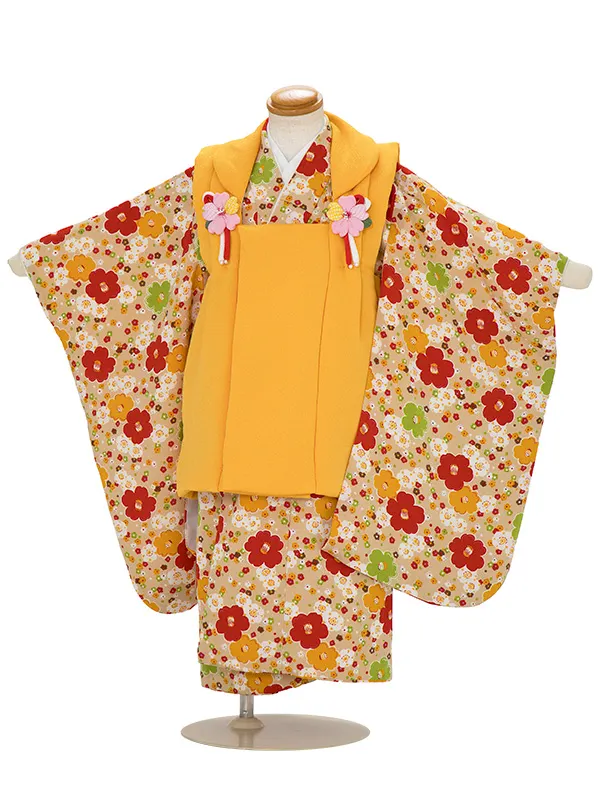 七五三レンタル(3歳女児被布)ちりめん　かわいい　花づくし　黄色