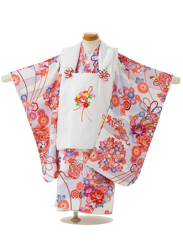 七五三レンタル(3歳女児被布)鈴に菊　桜　白