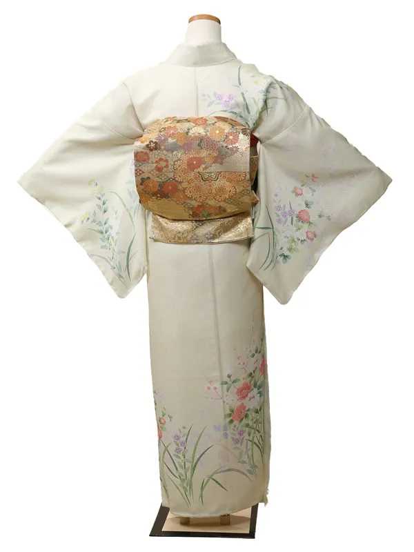 訪問着0005薄黄色地　四季の花柄