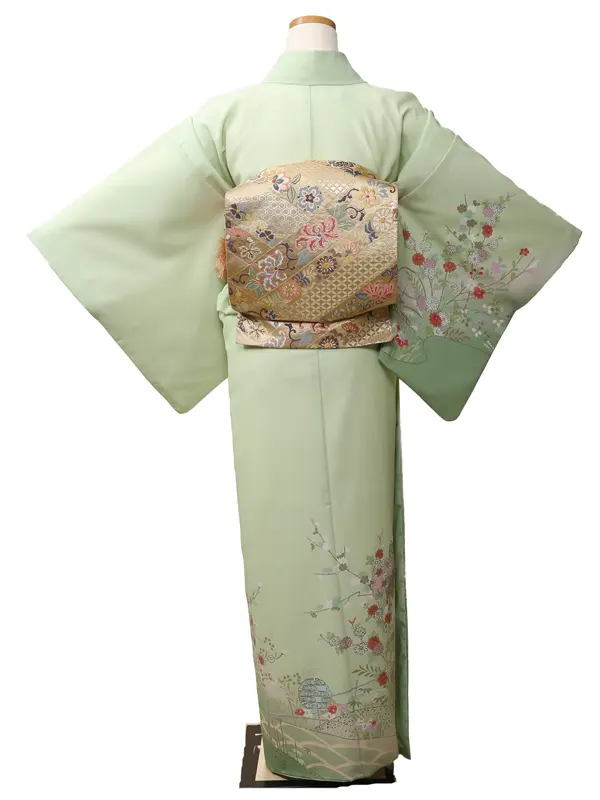 訪問着0007薄緑色　知色に華やかな花柄