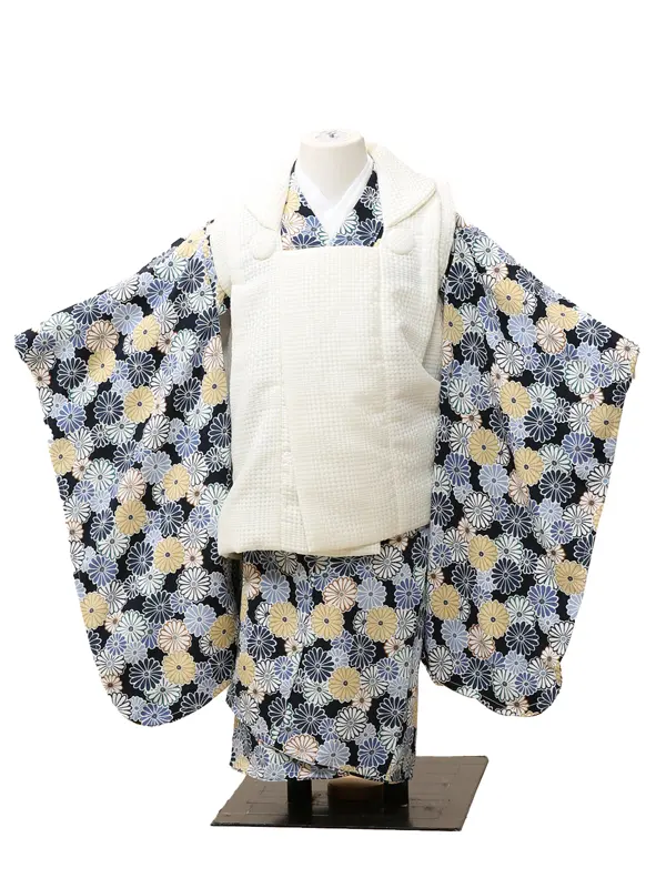 七五三レンタル(3歳男児)0013紺地青の菊　花柄　被布白