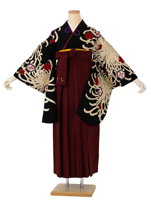 卒業式袴レンタルM1018　乱菊に亀甲紋・黒×えんじ