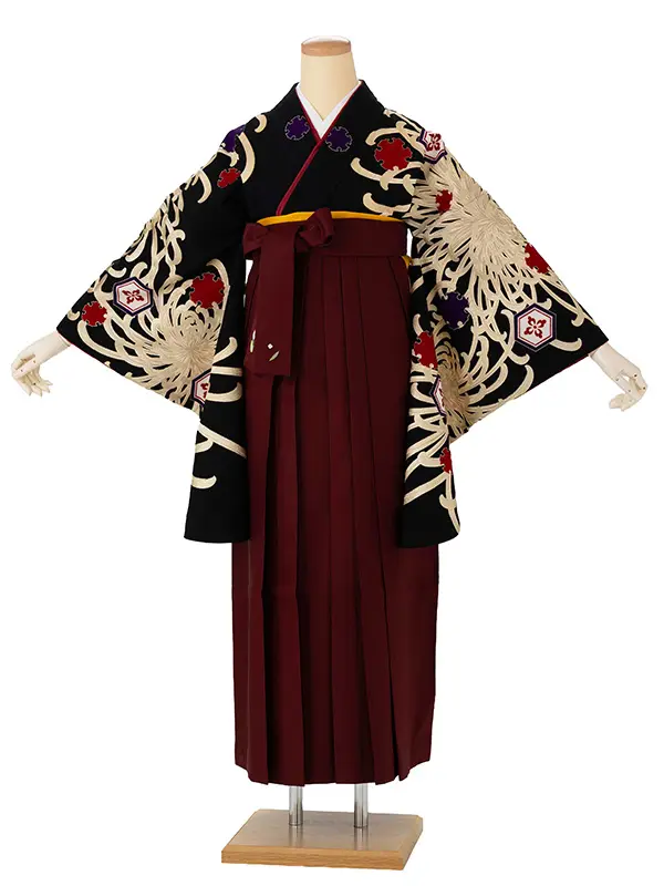 卒業式袴レンタルM1018　乱菊に亀甲紋・黒×えんじ