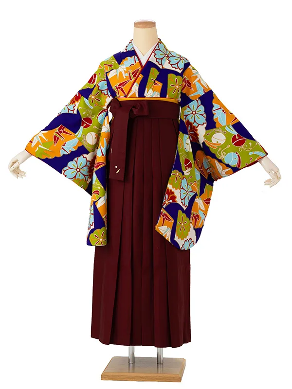 卒業式袴レンタルM1045扇に折り鶴・紺×えんじ