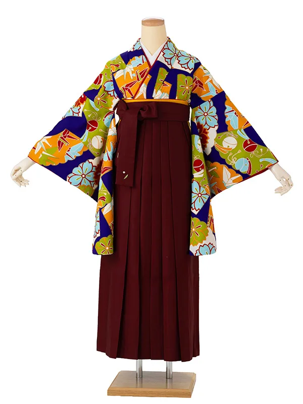 卒業式袴レンタルM1045扇に折り鶴・紺×えんじ