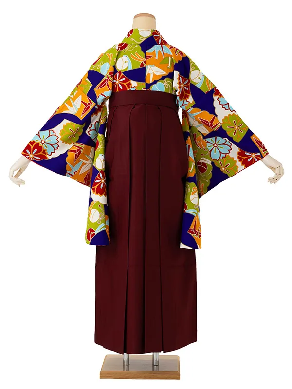 卒業式袴レンタルM1045扇に折り鶴・紺×えんじ