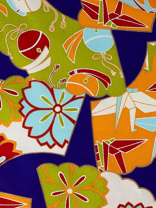 卒業式袴レンタルM1045扇に折り鶴・紺×えんじ