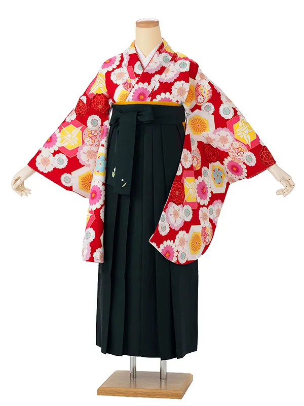 卒業式袴レンタルM1055　花づくしに折り鶴・赤×緑