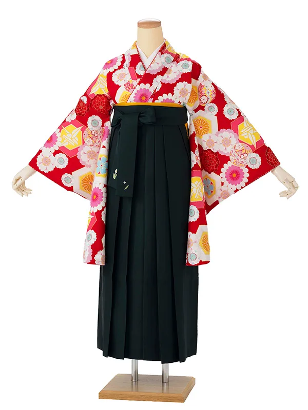 卒業式袴レンタルM1055　花づくしに折り鶴・赤×緑