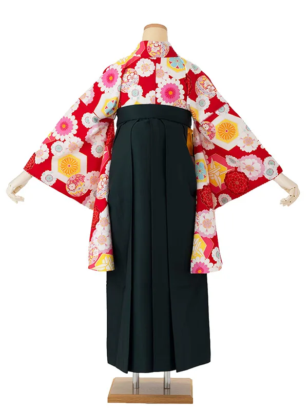 卒業式袴レンタルM1055　花づくしに折り鶴・赤×緑