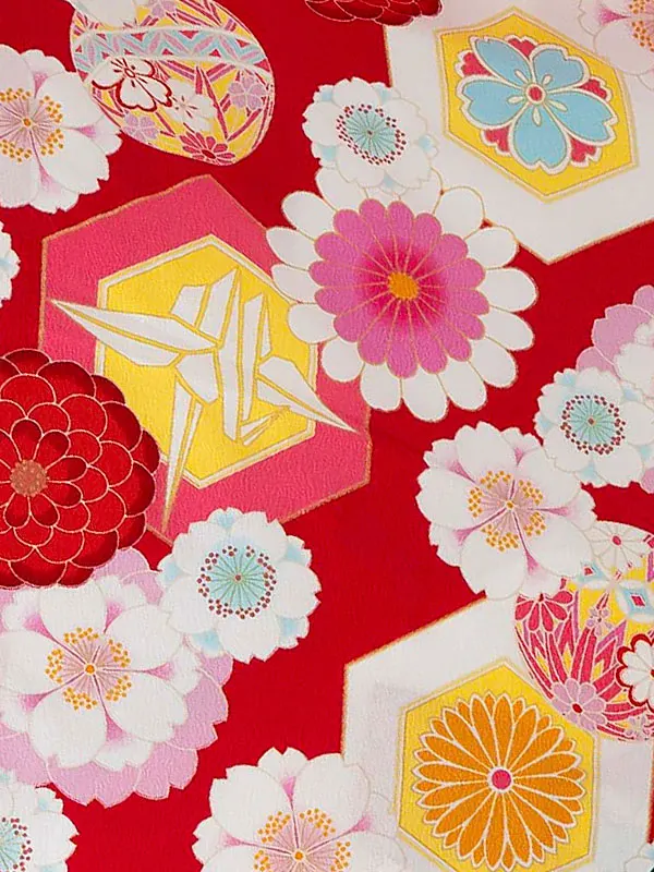 卒業式袴レンタルM1055　花づくしに折り鶴・赤×緑