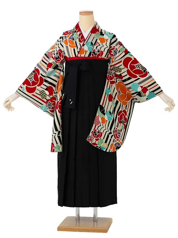 卒業式袴レンタルM1061ストライプにバラ・白×黒