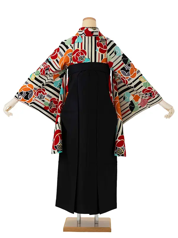 卒業式袴レンタルM1061ストライプにバラ・白×黒