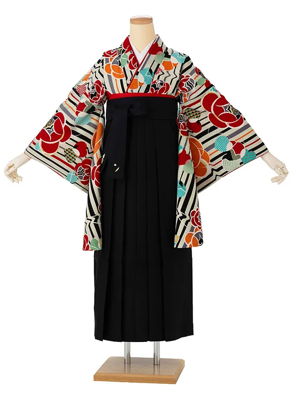 卒業式袴レンタルM1061ストライプにバラ・白×黒