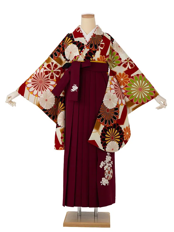 卒業式袴レンタルM1129亀甲菊・H1174赤×花丸紋に桜　刺繍・えんじ