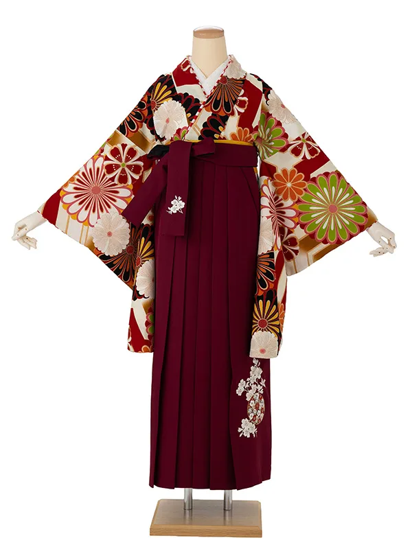 卒業式袴レンタルM1129亀甲菊・H1174赤×花丸紋に桜　刺繍・えんじ