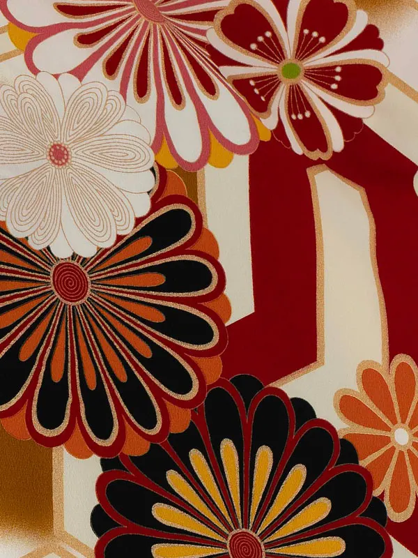 卒業式袴レンタルM1129亀甲菊・H1174赤×花丸紋に桜　刺繍・えんじ