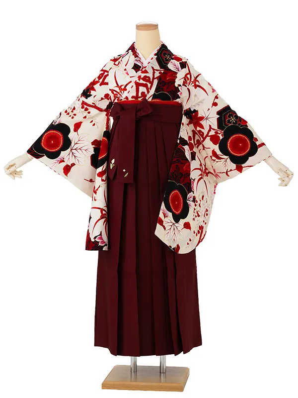 卒業式袴レンタルM1271梅に百合・白×えんじ