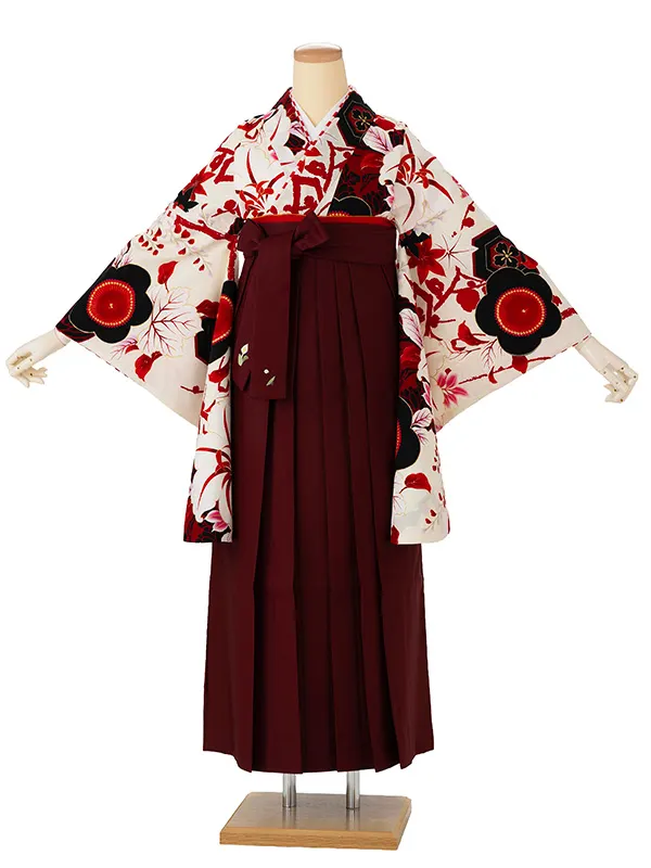 卒業式袴レンタルM1271梅に百合・白×えんじ