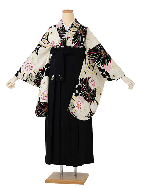 卒業式袴レンタルM1273菊に紋・黒×黒