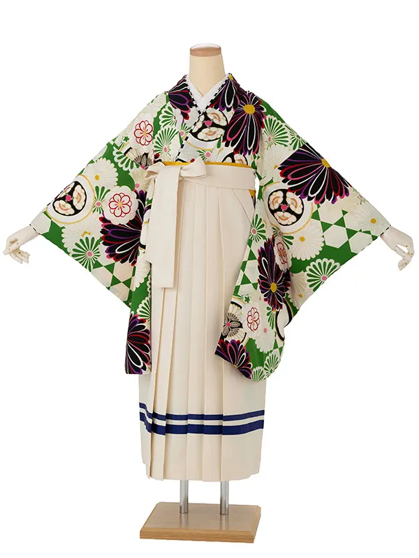 卒業式袴レンタルM1274菊に紋・黄緑×２ライン/白