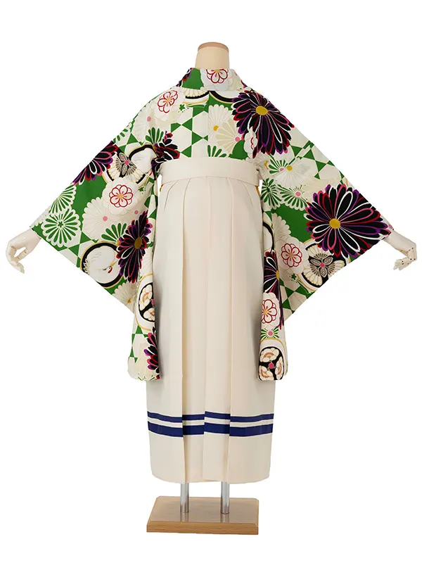 卒業式袴レンタルM1274菊に紋・黄緑×２ライン/白