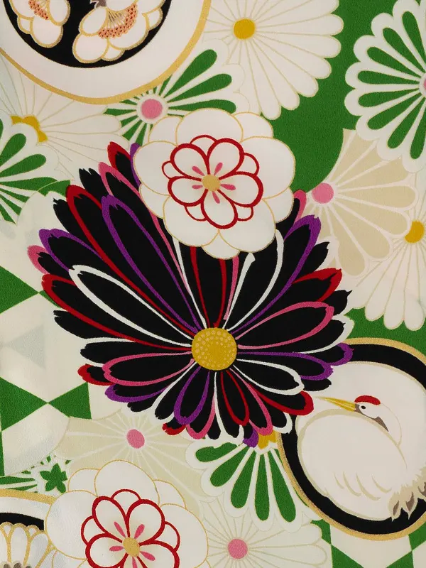 卒業式袴レンタルM1274菊に紋・黄緑×２ライン/白