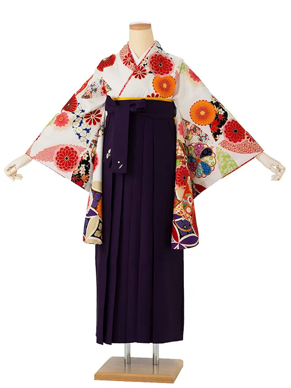 卒業式袴レンタルM1275七宝に貝桶・白×紫