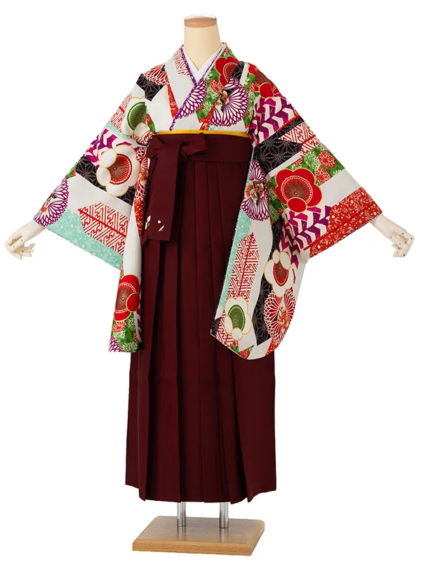 卒業式袴レンタルM1277矢羽根に梅・白×えんじ