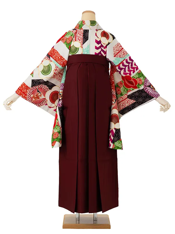 卒業式袴レンタルM1277矢羽根に梅・白×えんじ