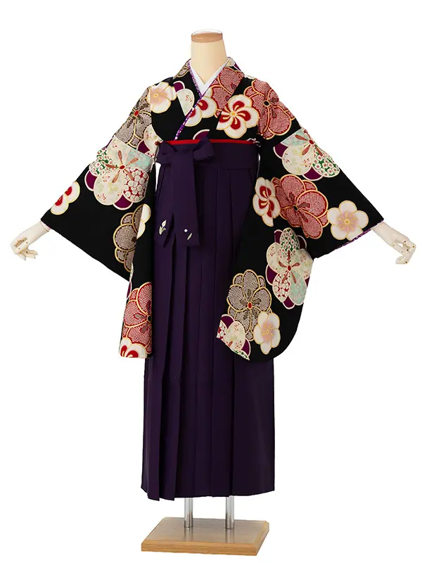 卒業式袴レンタルM1279ねじり梅・黒×紫