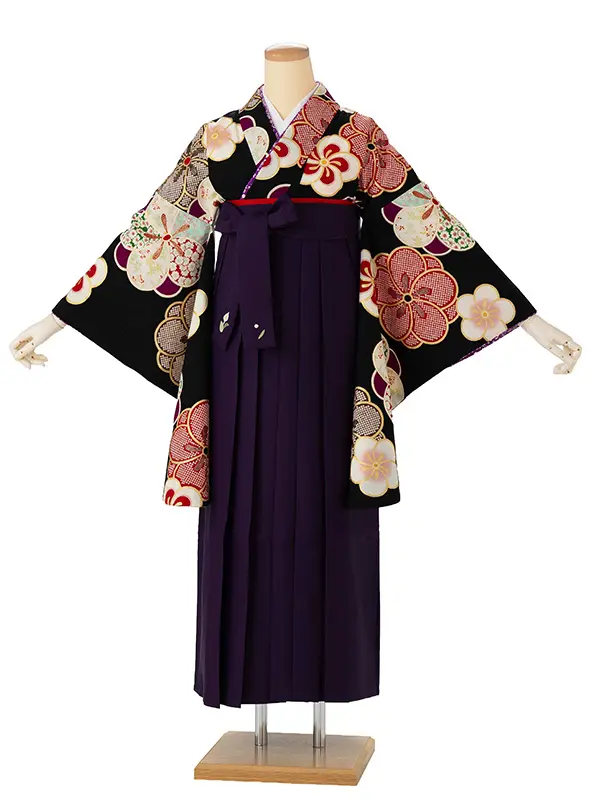 卒業式袴レンタルM1279ねじり梅・黒×紫