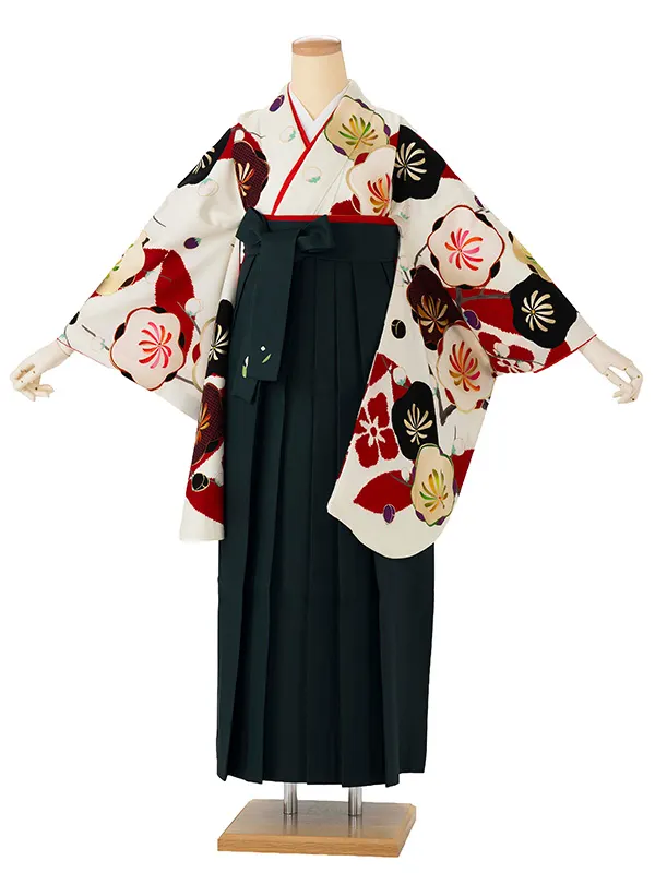 卒業式袴レンタルM1281梅に七宝・白×緑