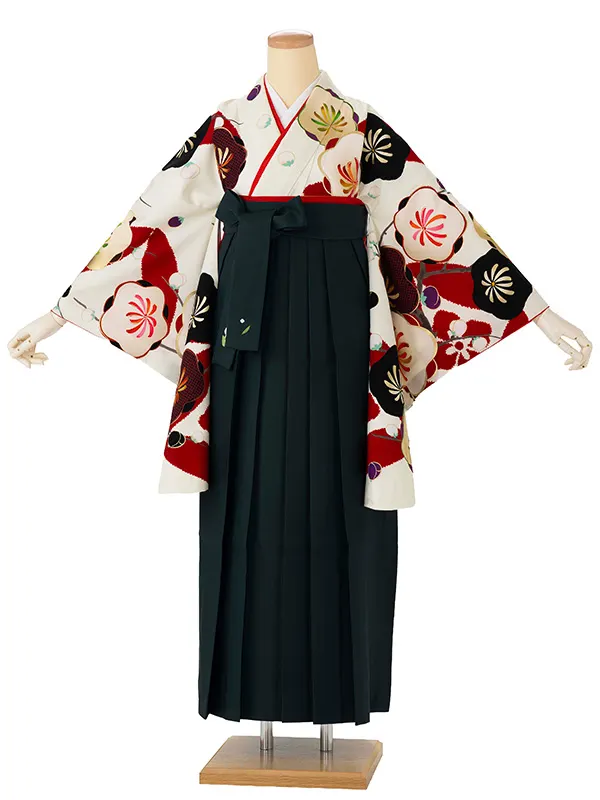 卒業式袴レンタルM1281梅に七宝・白×緑