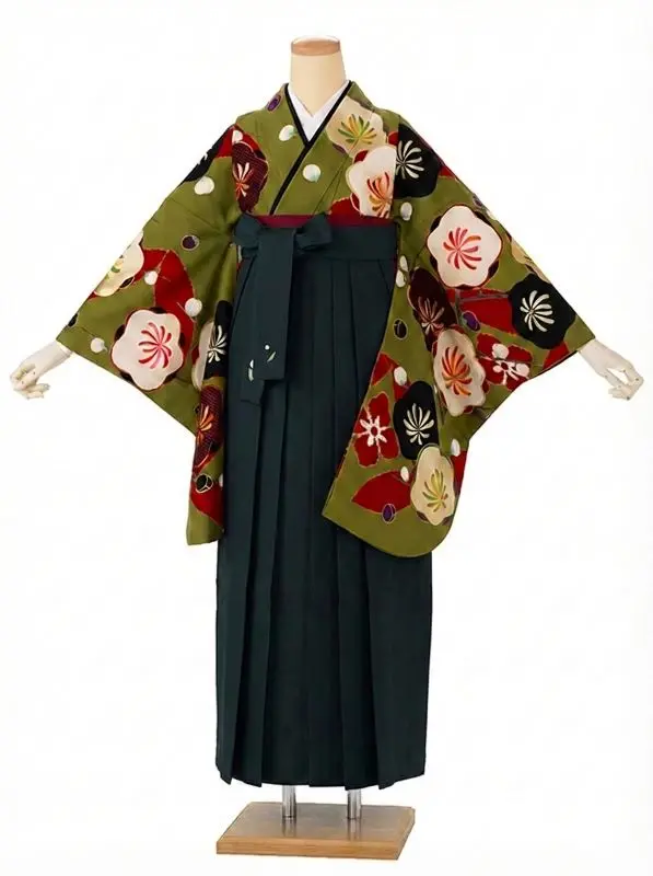 卒業式袴レンタルM1282梅に七宝・金茶×緑