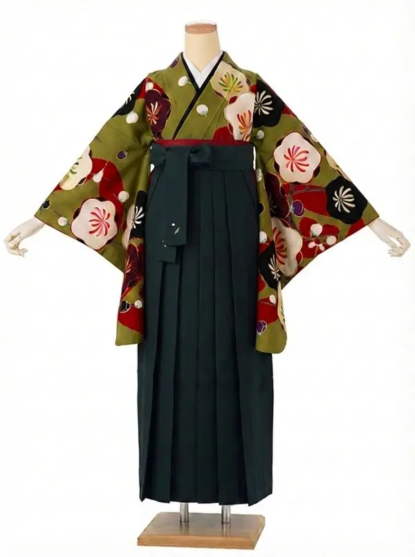 卒業式袴レンタルM1282梅に七宝・金茶×緑
