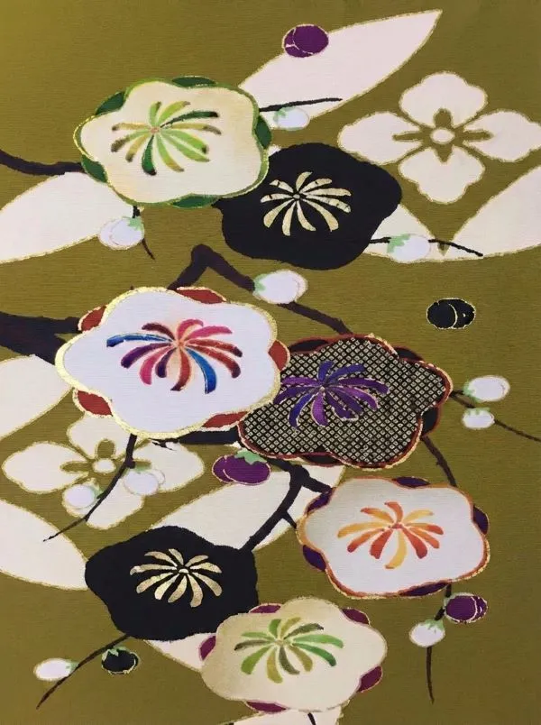 卒業式袴レンタルM1282梅に七宝・金茶×緑